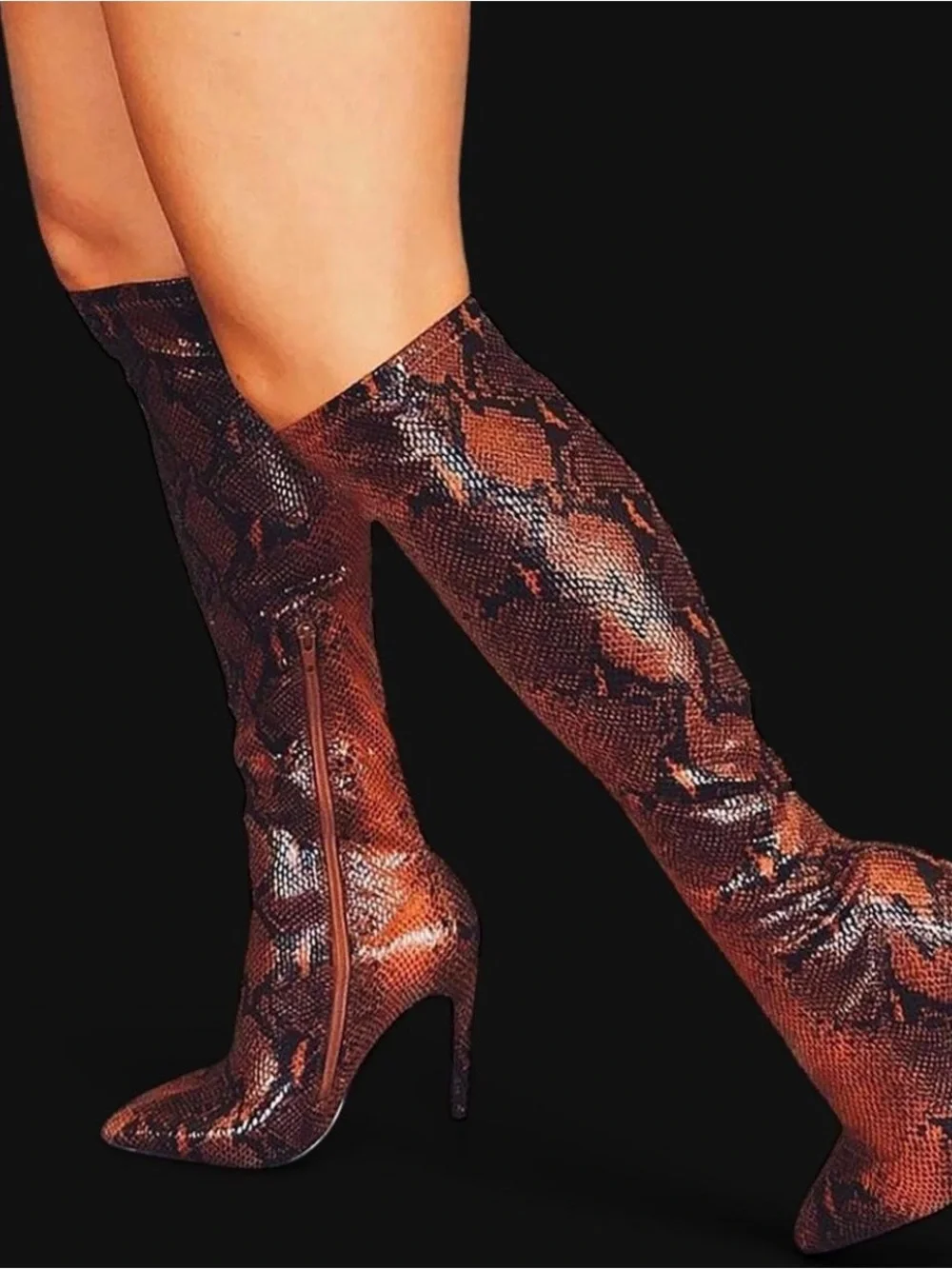 NWOT Fashion Nova Knee-High Snake-Print Boots in Brown